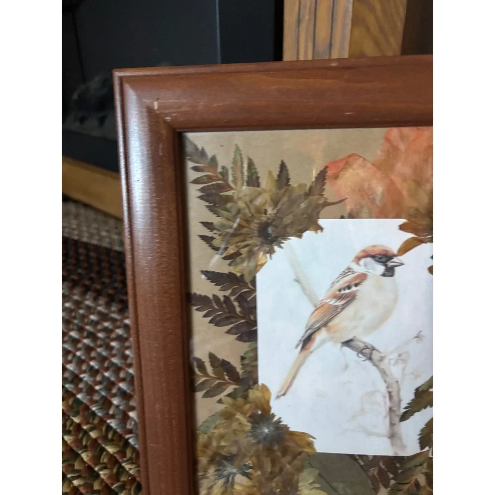 Vintage Framed Pressed Flower Bird Art Wood Frame Botanical Wall Decor 10x12